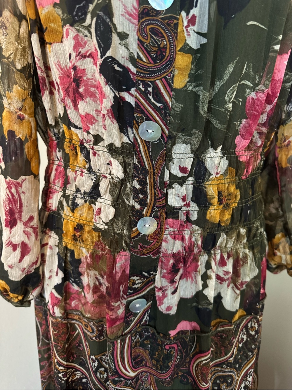 Olive Floral Tiered Maxi Dress with Pink & Yellow Blooms - Picture 6 of 7